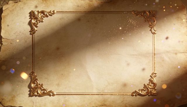 Ornate gold corner frame on aged parchment with vintage vellum texture and warm light