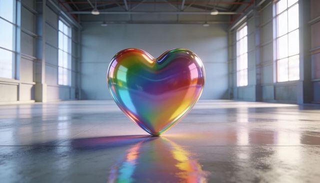 Iridescent rainbow heart sculpture reflecting color on polished floor in industrial space