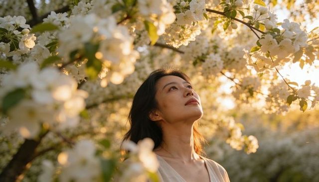 Standing woman gazing upward among white blossom trees in sunlit spring garden