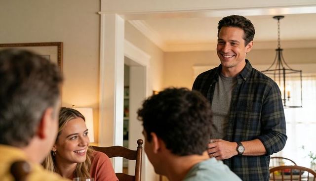 Smiling man holding glass at casual dinner, plaid shirt and wristwatch, warm home gathering