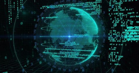 Rotating teal holographic globe streaming code and orbital data hud visualization