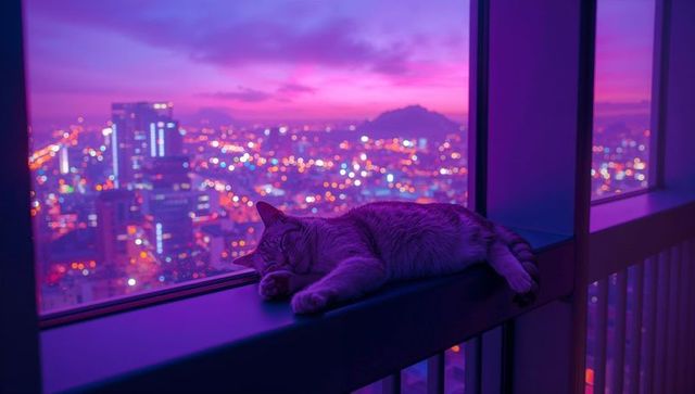 Cat Relaxing on Loft Ledge with Twilight Cityscape in Background