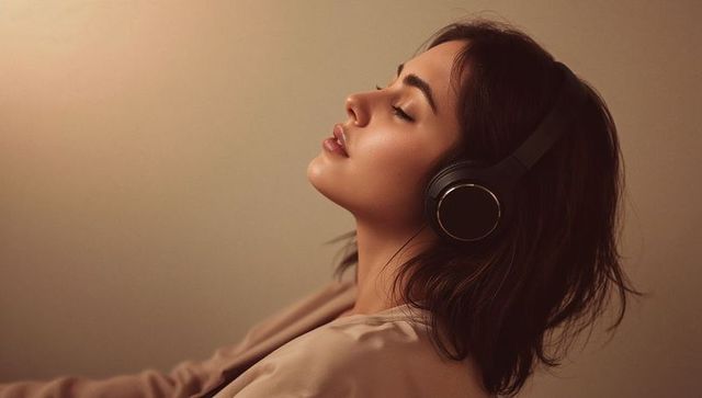 Brunette woman listening with gold-trim headphones, relaxed side-profile portrait for wellness