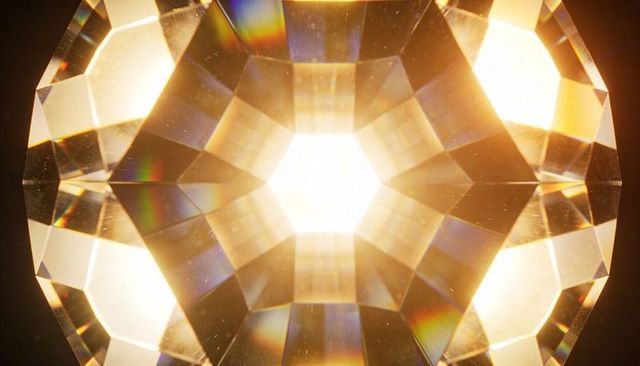 Golden faceted crystal macro refracting warm light into prism rainbows and hexagonal bokeh