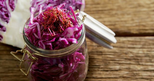 Pickled Red Cabbage with Saffron in Glass Jar on Wooden Table - Download Free Stock Images Pikwizard.com