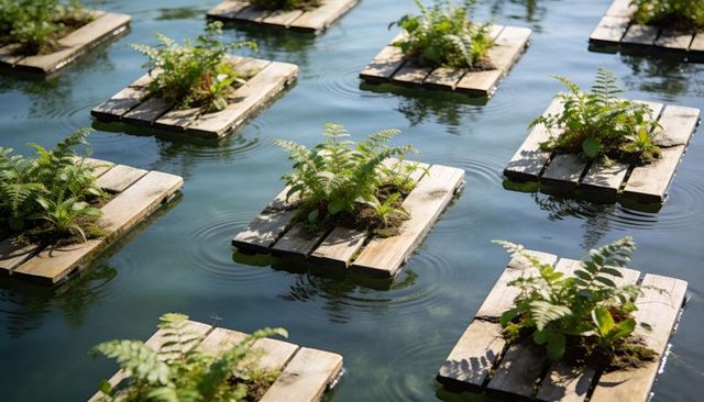 Floating wooden plant islands with ferns and moss on calm reflective pond surface
