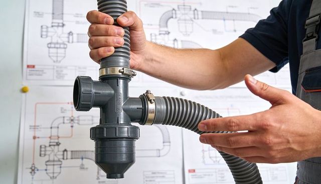 Technician holding t-connector aligning corrugated hoses for plumbing assembly and repair