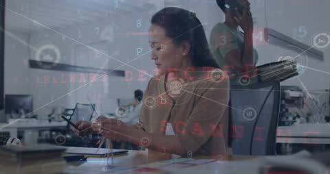 Businesswoman Interacting with Digital Data Interface in Office