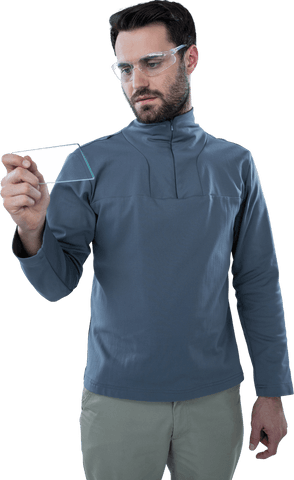 man examining transparent mobile device with protective eyewear - Download Free Stock Videos Pikwizard.com