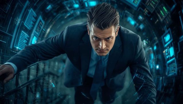 Businessman Climbing Staircase in Futuristic Data Tunnel