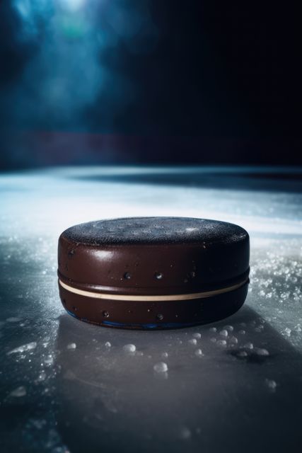 A hockey puck rests on icy surface, spotlighted in a dark setting. Captures the essence of the sport, awaiting the next thrilling play on ice.