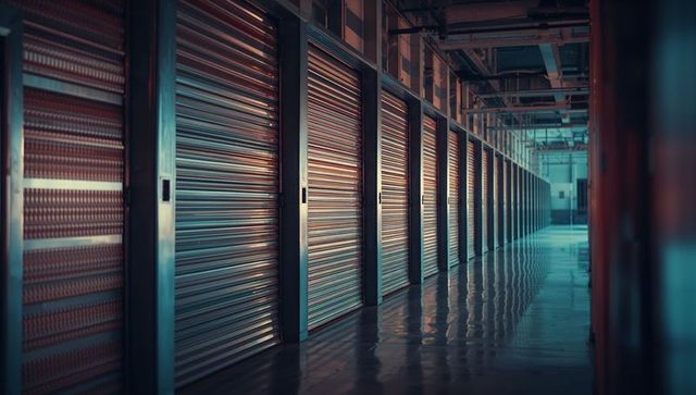 Industrial Corridor with Reflective Roller Shutter Doors