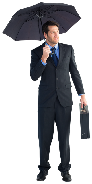 Transparent Businessman Under Umbrella Holding Briefcase Looking Upward - Download Free Stock Videos Pikwizard.com