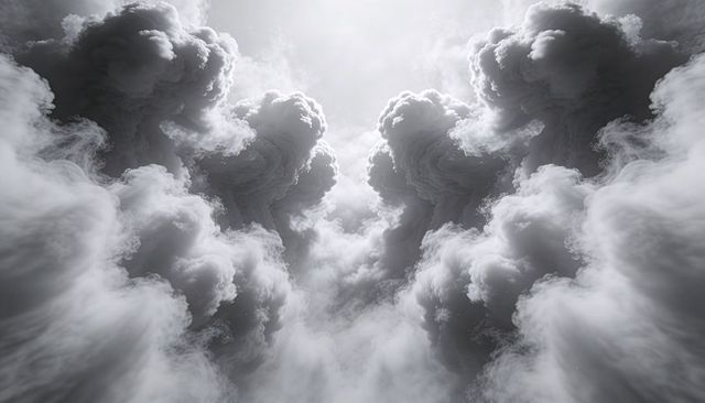 Monochrome towering storm clouds rising through light shaft with symmetrical drama