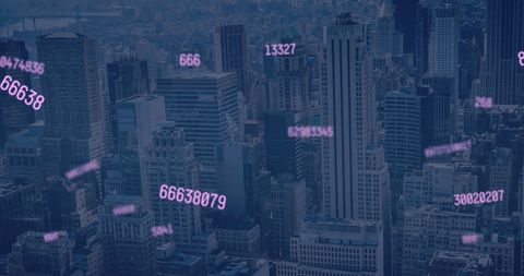 Futuristic cityscape with floating digital numbers