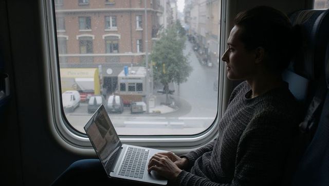 Commuter working on laptop at train window overlooking rainy city, moody urban transit