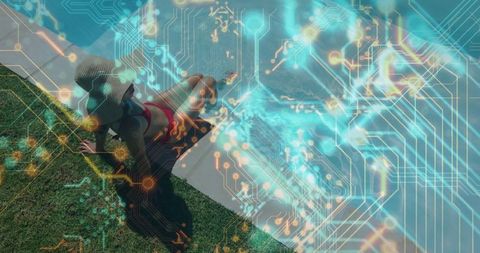 Digital montage of woman sunbathing by pool with circuit overlay