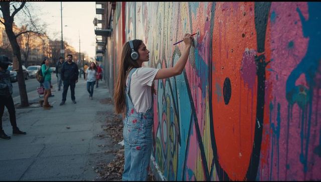 Street Artist Creating Vibrant Mural while Listening to Music