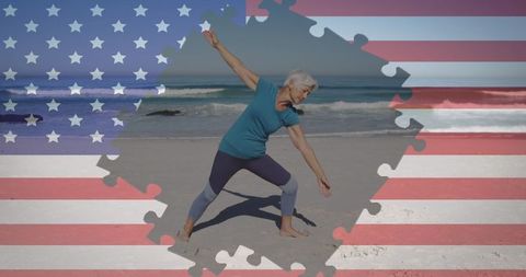 Senior Woman Exercising on Beach with American Flag Overlay