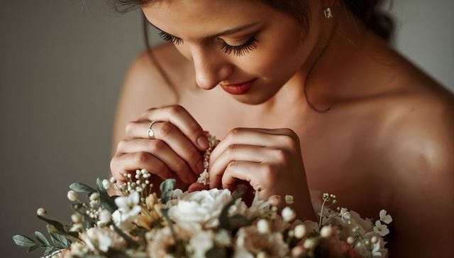 Bride touching wedding bouquet blossoms with delicate hands and ring closeup