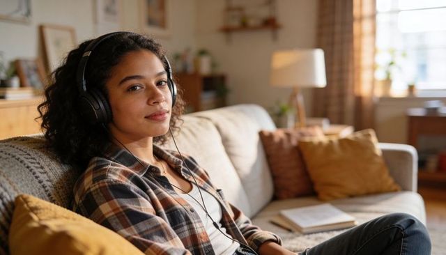 Young woman relaxing on couch listening to music with headphones in cozy sunlit living room