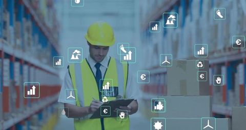 Warehouse Supervisor Analyzing Data with Technology Icons Overlay