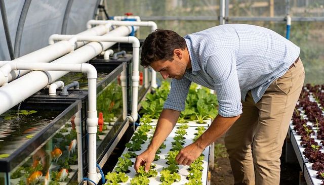 Aquaponics grower tending lettuce in greenhouse with fish tanks and hydroponics