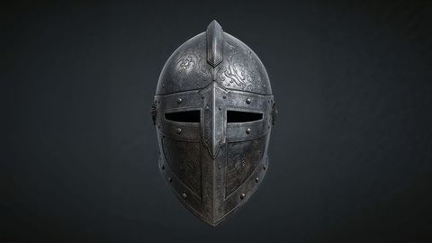 Intricately engraved medieval knight steel helmet with narrow visor