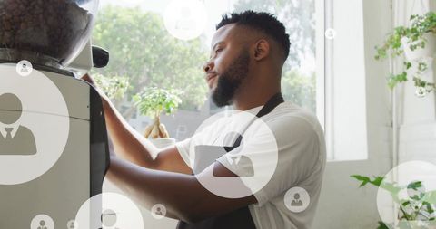 Barista Engaged in Crafting Coffee with Digital Interface Icons Overlay - Download Free Stock Images Pikwizard.com