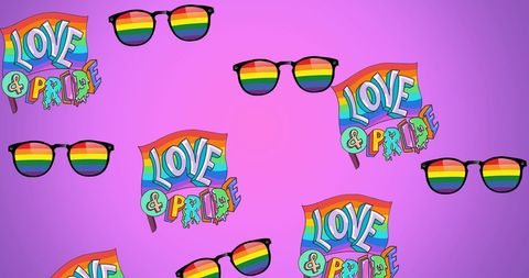 Colorful LGBTQ Pride Pattern with Rainbow Sunglasses Purple Background