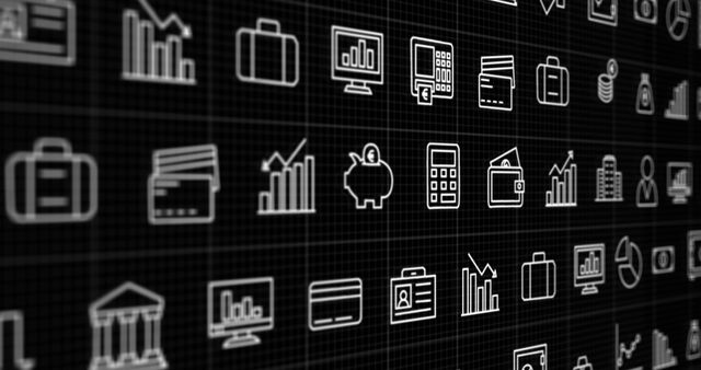 Business icons array floating on black digital background - Download Free Stock Images Pikwizard.com