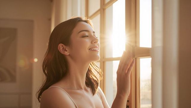 Asian woman basking in golden hour sunlight by window, serene morning self-care moment