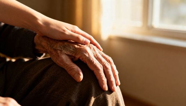 Caregiver hand comforting senior hand on knee beside sunlit window conveying warmth