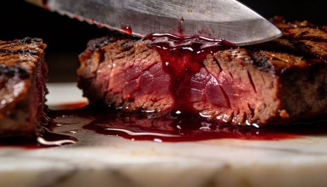 Slicing juicy medium-rare steak with serrated knife and red wine jus