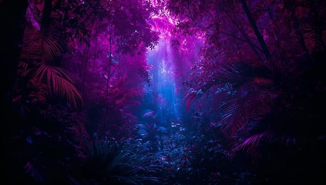 Mystical tropical forest with radiant magenta glow