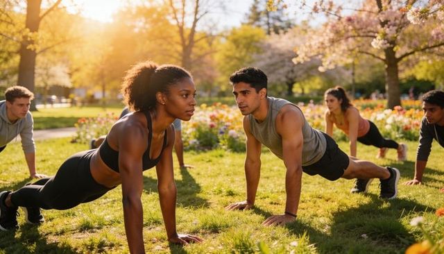 Outdoor group fitness class holding plank on sunny park lawn with spring flowers