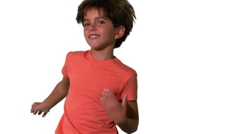 Energetic Boy Jumping with Joy on White Background
