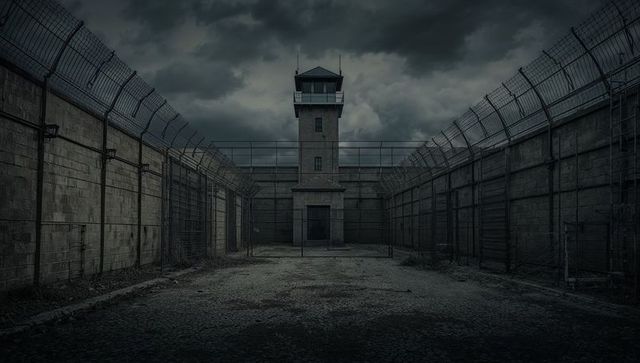 Abandoned Prison Yard with Guard Tower and Razor Wire