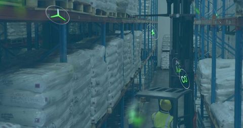 Forklift operator navigating pallet racking with ar overlays in modern warehouse logistics