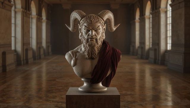 Classical marble bust with horns in grand exhibition hall