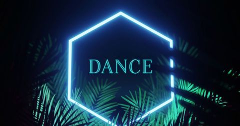 Neon dance sign with tropical palm leaves on dark background