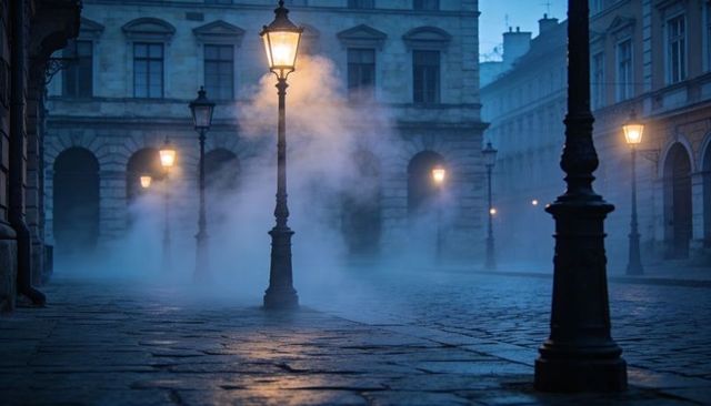 Misty cobblestone street with glowing cast-iron lamps and historic archways at twilight