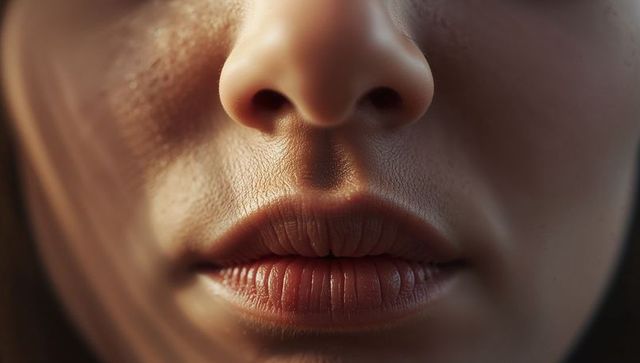 Macro portrait revealing female lower face, skin pores, philtrum and closed lips