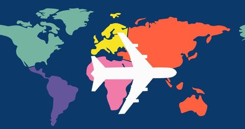 Colorful World Map with Jet Plane Symbol