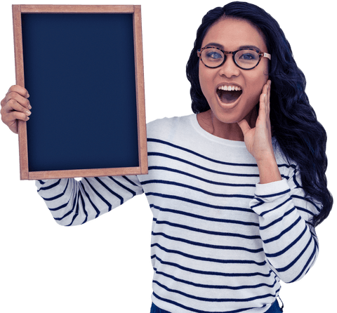 Surprised Asian Woman Holding Transparent Blackboard Display