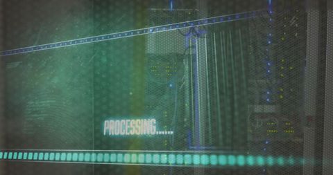 Data center server rack behind perforated door with teal processing overlay