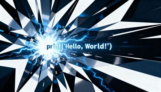 Radiating neon-cyan energy burst shattering faceted glass with print('hello, world!') code