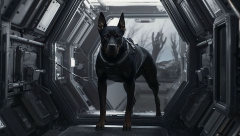 Standing doberman wearing tactical harness in futuristic space corridor with tether