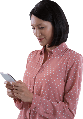 Confident woman engaging with technology on transparent background