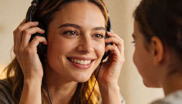 Smiling woman wearing over-ear headphones bonding with child in warm home moment listening